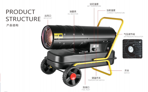 30KW Mobile Forced Air Heater for Large Workshops & Garages Industrial Diesel Low Noise Thermostat Pump Motor Core Components